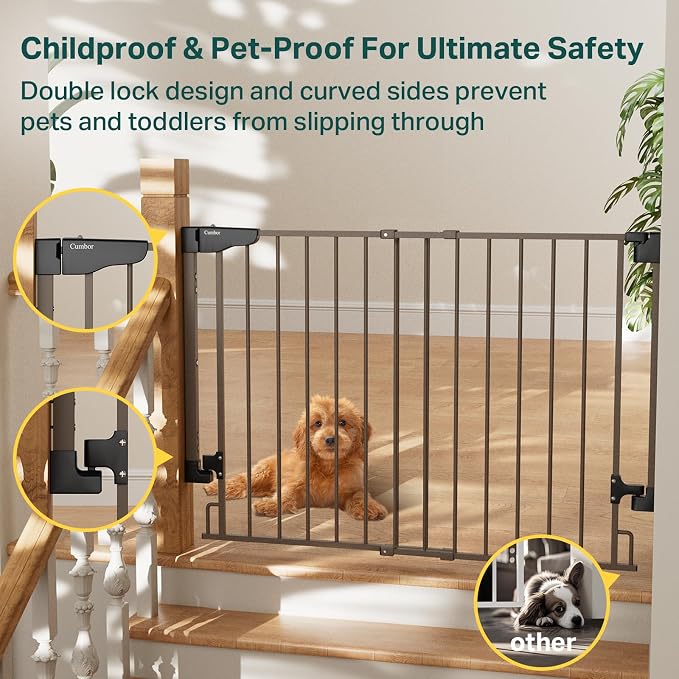 Cumbor 29.2–43" Baby Gate for Stairs, Hardware Mounted (Drill Required), Expandable No Bottom Bar Dog Gate, Auto Close Extra Wide Walk Thru, Pet & Toddler Proof Gate, Top & Bottom of Stairways (Brown)