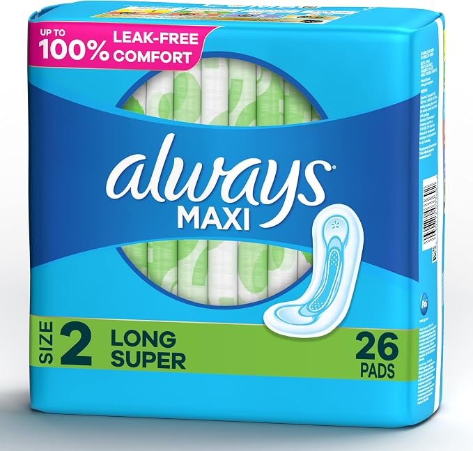 Always, Maxi Pads for Women, Size 2, Long Super Absorbency 26 Count