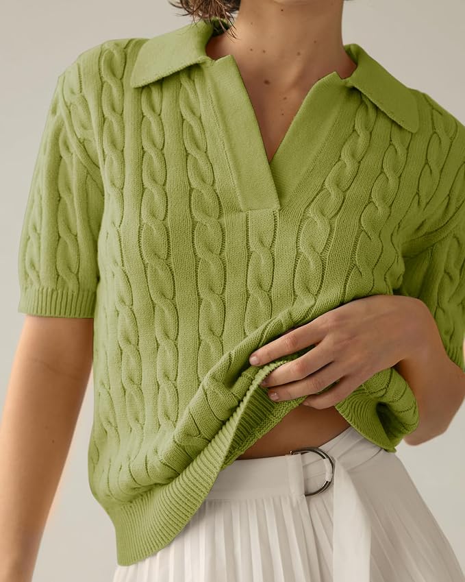 Imily Bela Womens Cable Short Sleeve Sweaters Tops Lapel V Neck Knit Shirt | Solid,Knit Casual,Soft Pullover,Fall Sweaters,Womens Summer Work Tops
