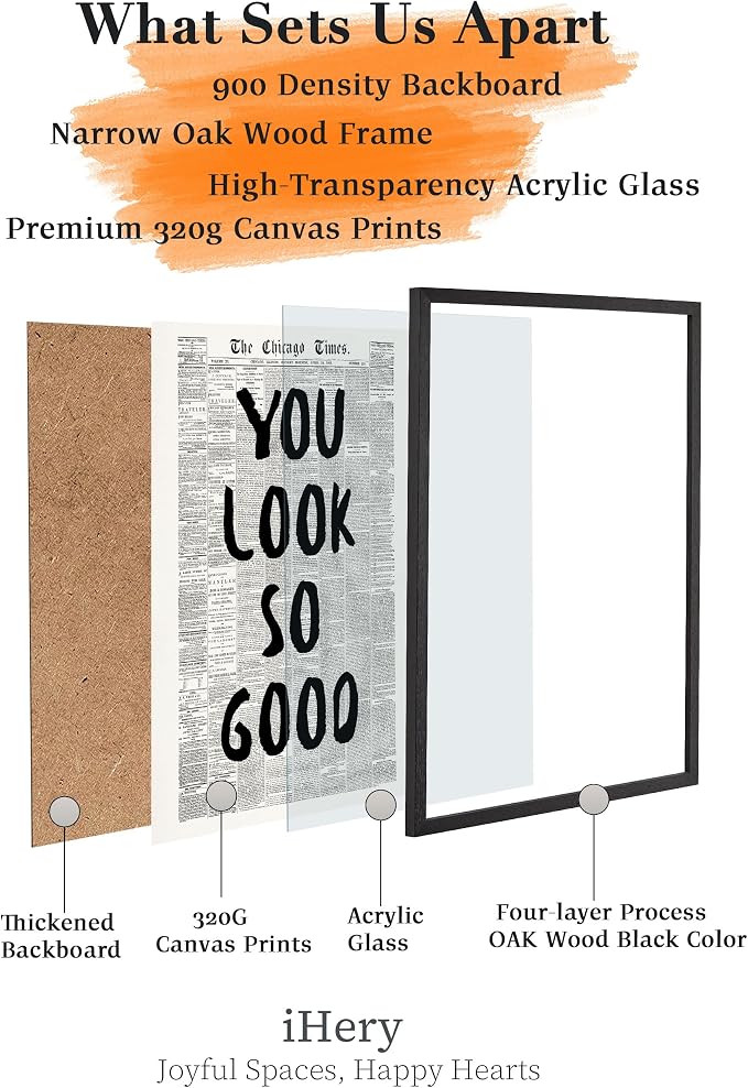 iHery 12x16in You Look So Good Framed Newspaper Wall Art | Premium Black OAK Wood Frame with Canvas Print, Vintage Newspaper Decor for Bedroom, Dorm, Vanity Room Living Room, 1Pack
