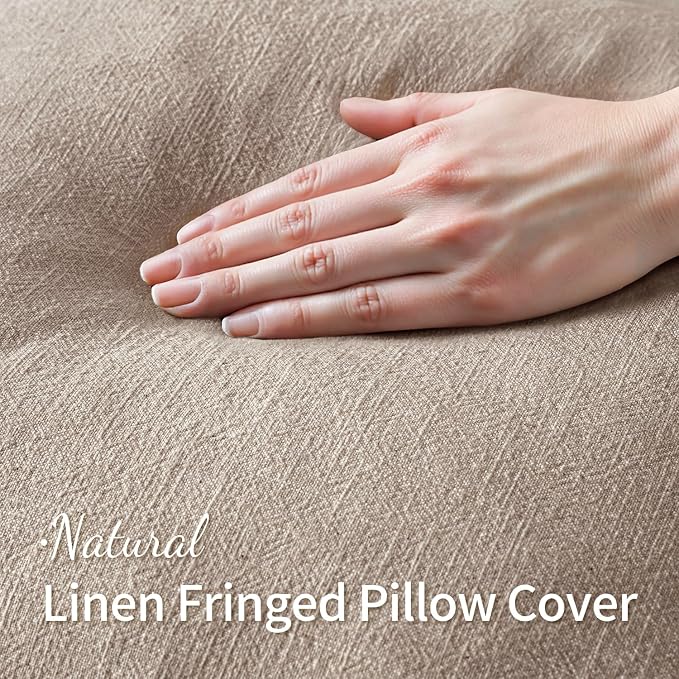 MIULEE Natural Linen Fringe Decorative Lumbar Throw Pillow Covers 12x20 | Set of 2, Cottagecore Decor, Boho Farmhouse Neutral Pillow Covers, Rustic Couch Cushion Cases for Sofa Bed Living Room