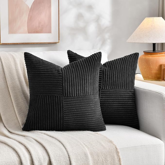 Fancy Homi 2 Packs Black Decorative Throw Pillow Covers 22x22 Inch for Living Room Couch Bed Sofa, Rustic Farmhouse Boho Home Decor, Soft Corss Corduroy Patchwork Accent Square Cushion Case 55x55 cm