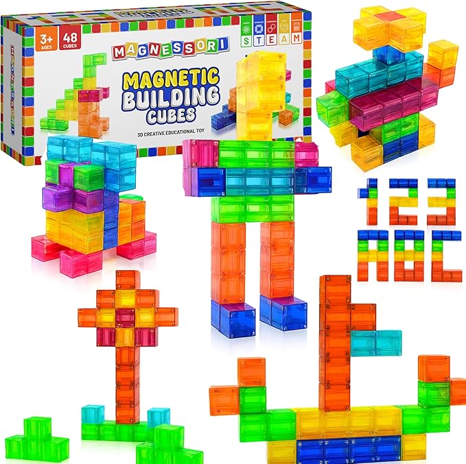 Magnetic Building Blocks – 48PCS Montessori Inspired STEM Building Cubes for Kids – Educational Toys for Toddlers & Preschoolers Colorful Safe & Durable Magnet Cubes for Creative Learning