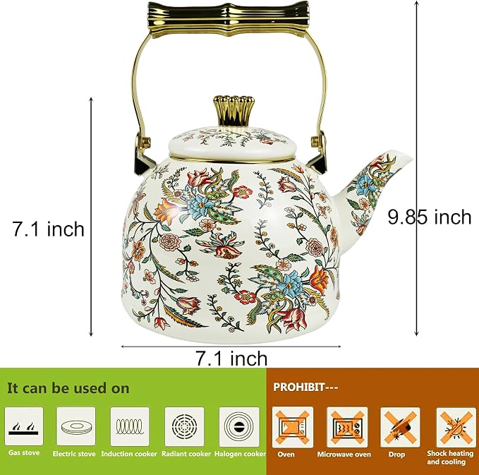 Vintage Enamel Tea Kettle Boho Floral Stovetop Teapot 2.5L Colorful Bohemian Enamel Kettle Kitchen Decor Hot Water Coffee Pot with Gold Handle
