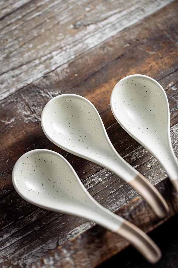 LYEOBOH 6 Pieces Asian Soup Spoons, Japanese Kitchen Soup Spoon Set, Dinner Tablespoons with Long Handle for Cereal, Ramen, Ice Cream, Dishwasher & Microwave Safe, Rustic Decor, White and Brown