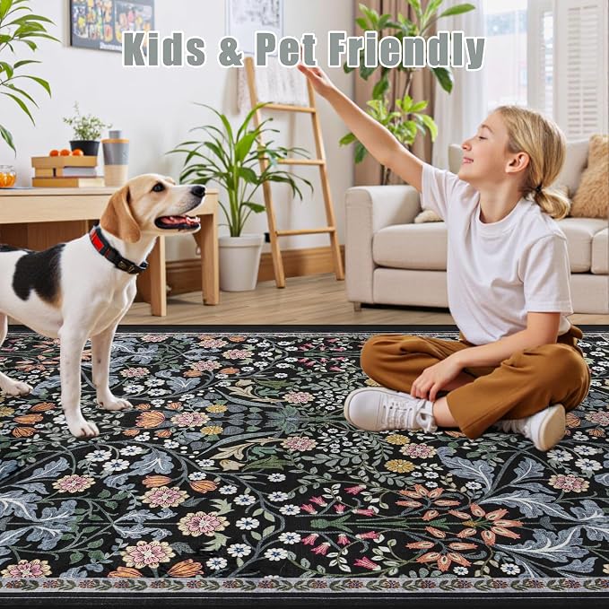 Runner Rug for Entryway: 2x5 Kitchen Rugs Non Slip Washable Ultra-Thin Soft Floral Carpet Indoor Floor Stain Resistant Carpets for Hallway Bedroom Kitchen Laundry Bathroom Dorm Dark Black