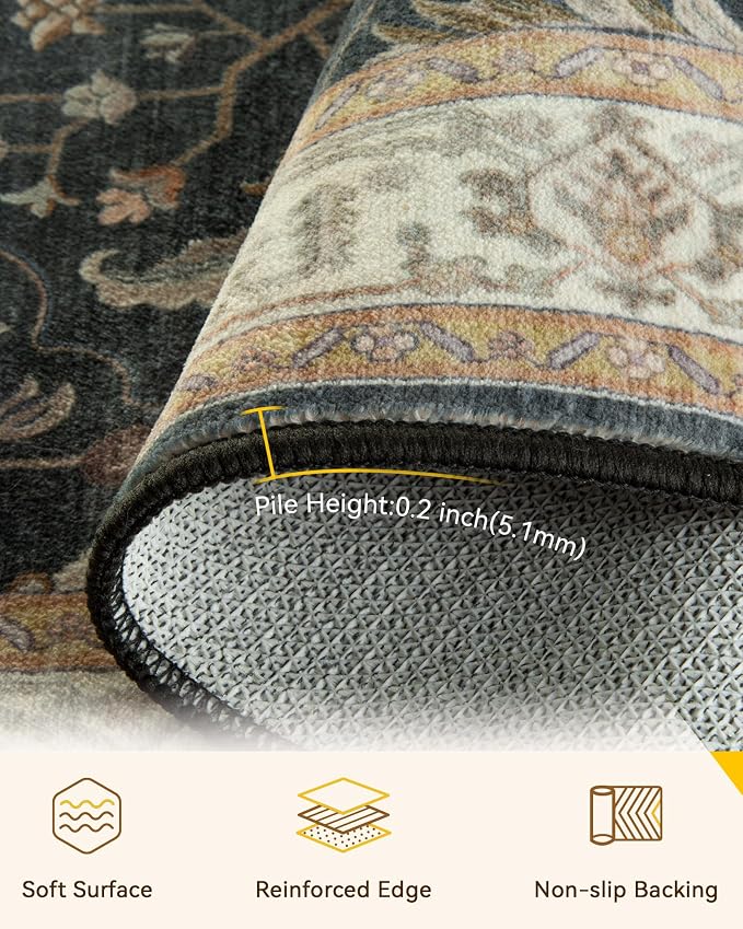 RELEANY Area Rugs 4'x5' Washable Non-Slip, Floral Vintage Distress Medallion Carpet for Living Room Bedroom Dining Room, Vintage Black Brown Neutral