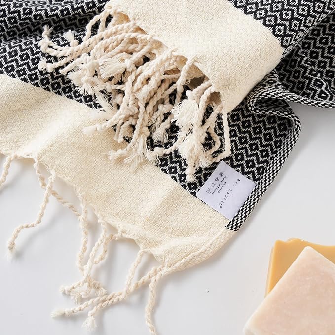 BAY LAUREL Turkish Hand Towel – Pack of 2 | Soft & Absorbent Decorative Towels for Bathroom, Hand, Face, Hair, Gym, Yoga, SPA, Kitchen & Tea | Boho Decor (Black, Diamond 16x40 Inches (Set of 2)