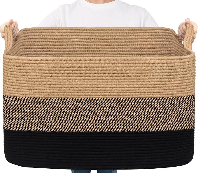 Goodpick 85L Large Woven Blanket Basket, Rectangle, Black Jute | 23.6'' x 15.7'' x 13.8'' Wicker Storage Basket for Blankets, Pillows & Toys, Living Room, Bedroom & Nursery Organization