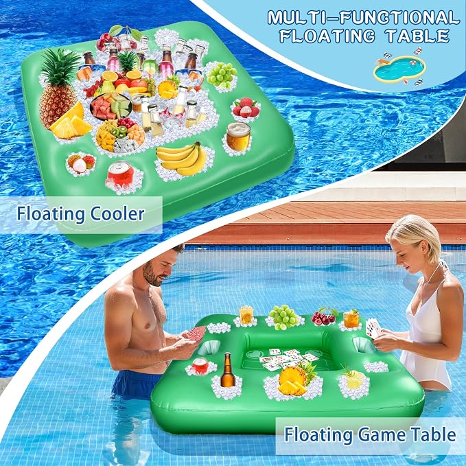 Floating Table for Pool Game, 40 x 40 in Floating Card Table for Pool with Food Drink Holders and Waterproof Playing Cards, Inflatable Floating Pool Table for Adults and Family Party (Green)