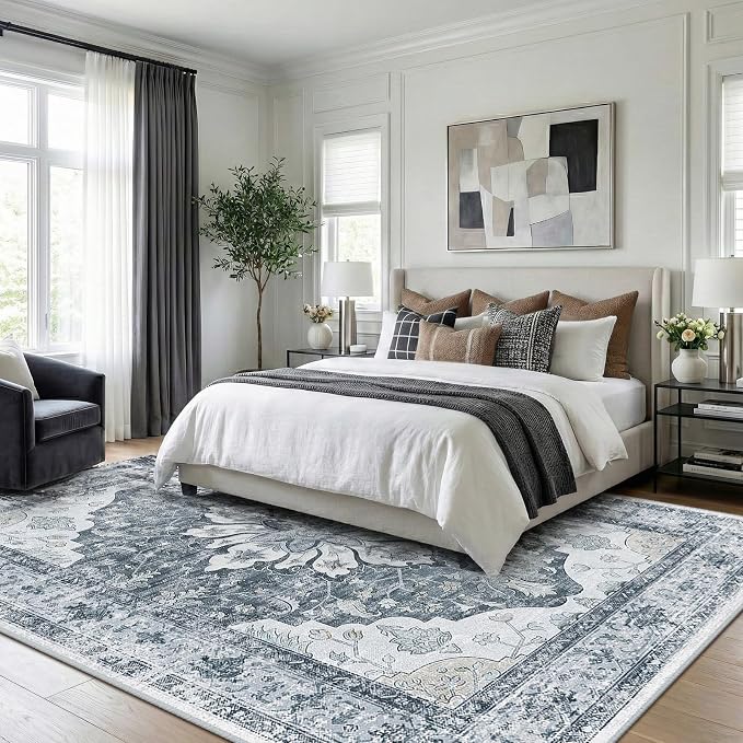 RELEANY Area Rugs 5'x7' Washable Non-Slip, Floral Vintage Distress Medallion Carpet for Living Room Bedroom Dining Room, Light Gray Grey White