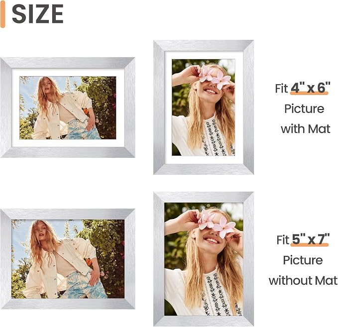 upsimples 5x7 Picture Frame, Display Pictures 4x6 with Mat or 5 x 7 Without, Wall Hanging Photo Frames, Silver, 1 Pack