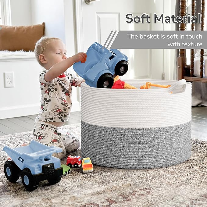 INDRESSME 115L Extra Large Woven Rope Blanket Basket Living Room Light Grey | 23.6" x 15.7" Storage baskets for toys laundry & pillows. Fits living room, bedroom or nursery décor. Soft-touch with handles