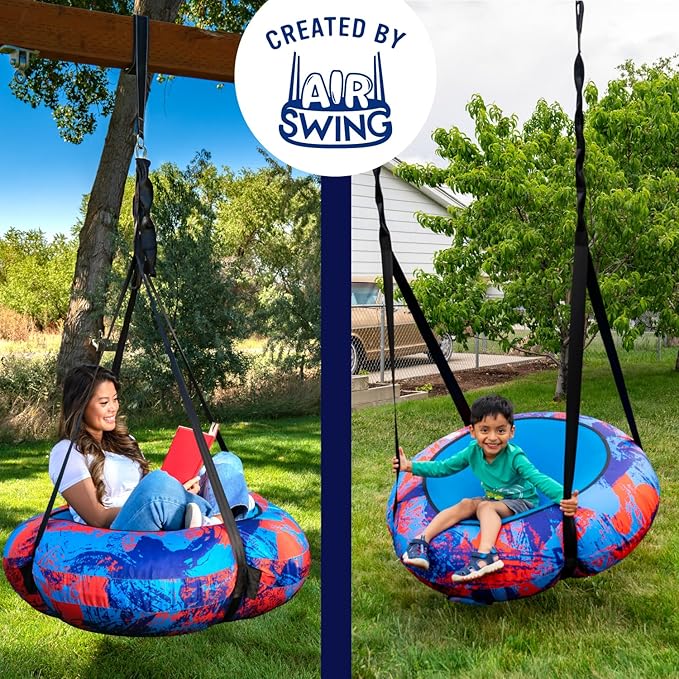 AIR Swing Giant 42” Inflatable Heavy Duty Saucer Swing Indoor Outdoor Playground, Jungle Gym, or Tree Ages 3+ UV-Protected Cover Durable Tube-Frame Adjustable Hanging Straps Carabiners - Blue/Red