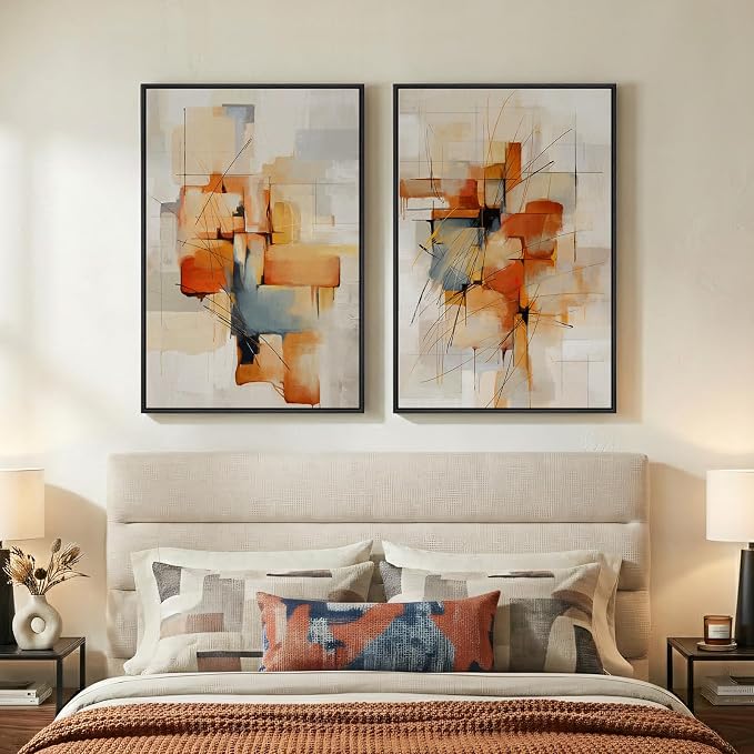 Large Framed Blue Orange Block Abstract Wall Art for Living Room, 24x36 In | 2 Piece, Canvas prints, Colorful paintings, Modern minimalist artwork, Orange block pictures, Dining room bedroom wall decor