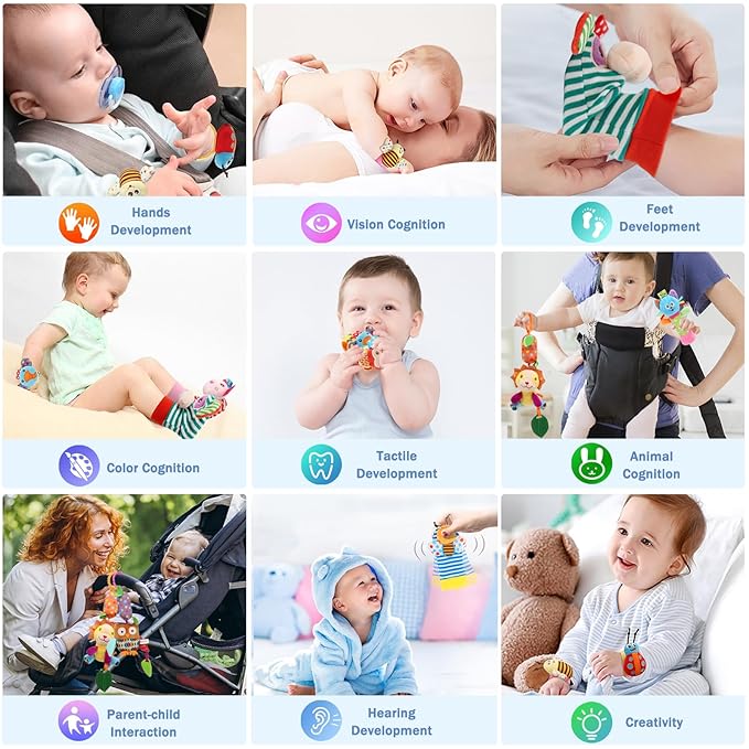 Bloobloomax Baby Soft Hanging Rattle, Wrist Rattle and Hand Foot Rattle Toy, Car Seat Stroller Toys with Plush Animal C-Clip Ring for Infant Babies Boys and Girls 3 6 9 to 12 Months (12PCS-G)