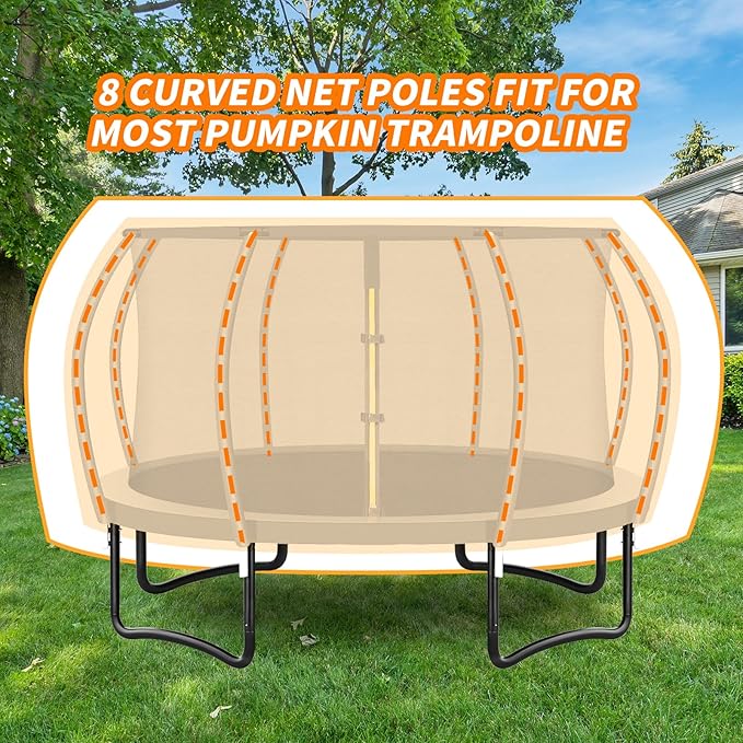 12Ft 8 Pcs Trampoline Curved Poles Replacement with Enclosure Net, Trampoline Curved Pole, Plastic T Connector, Fiberglass Rods, Mounting Hardware, Foam Covers