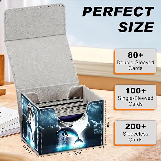 DEGDFSGR Card Game Storage Box forTCG MTG Deck Box Organizer Trading Case TCG Card Storage Box Magnetic Closure Creative Pattern Up to 200 Cards, Dolphin Moon Night