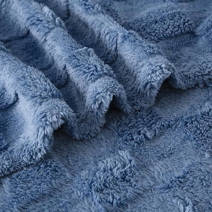 Dusty Blue Fleece Throw Blanket 50”×60”Checkered Design for Couch | Super Soft Cozy Plush Microfiber 3D Square Pattern Flannel Blanket for Sofa Bed Lightweight for Adults,Women