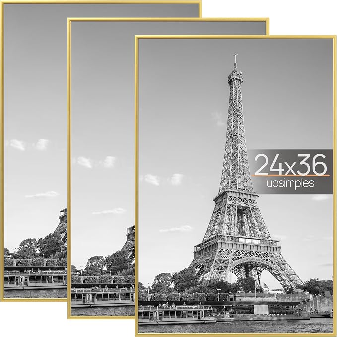 upsimples 24x36 Poster Frame, Easy Slide-In Assembly, Gold, 3 Pack | Gallery Wall 24 x 36 Picture Frames Set for Family, Wedding, Christmas, Easy to Change Photos
