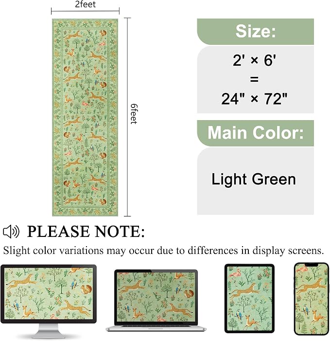 DUKINO 2x6 Runner Rug, Washable Animal Kitchen Rugs Non Slip, Light Green | Soft, Low Pile, Stain Resistant Indoor Carpet for Hallway, Entryway, Bedroom, Bathroom, Laundry,Pet Friendly, Lightweight