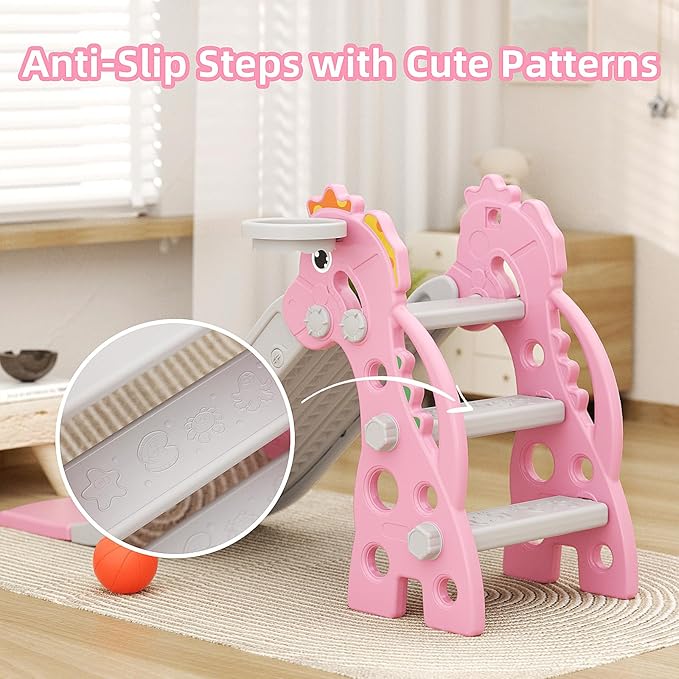 67i 3 in 1 Toddler Slide - 46.8 Inch Long Slide, 10-Min Easy Assembly, Foldable Anti-Tip Stable, Small Indoor Mini Slide for Toddlers 1-3, Baby Inside Slide Resbaladilla Indoor Outdoor Gift (Pink)