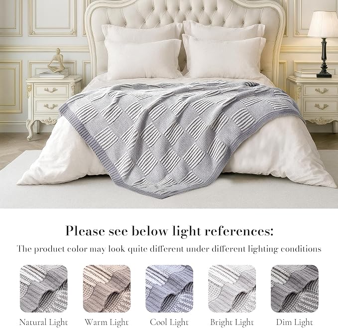 Knit Throw Blanket, Soft Chenille Cozy Breathable Dual Tone Checkered Chunky Decorative Blanket for Couch, Bed & Sofa, French-Inspired Lightweight Warm Gift for Women, Gray, 50"x60"