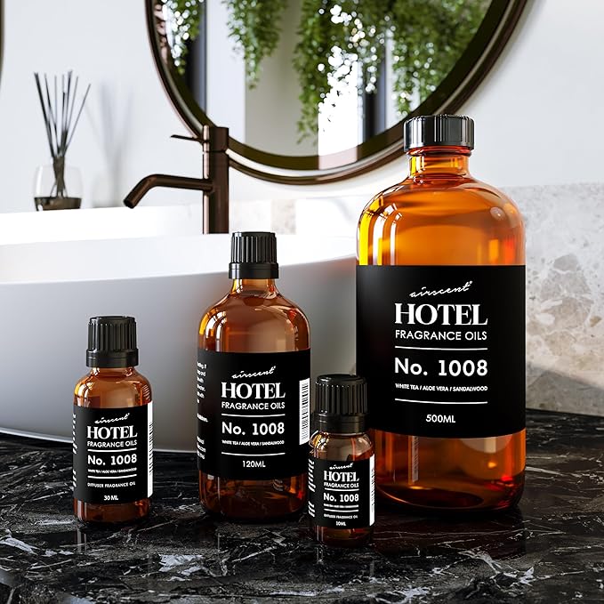 AirScent Hotel Diffuser Oil No. 1008 - White Tea, Aloe Sandalwood - 10 mL | Hotel Scent Dupe - Premium Fragrance Oil for Ultrasonic and Waterless Diffusers and Crafting - .34 fl oz Dropper Bottle