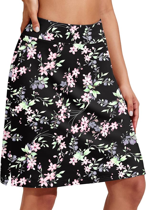 COOrun Women's 20" Knee Length Skirts High Waisted Golf Skorts with Pockets | Soft, Quick Dry, Split Hem, Built-in Shorts, A-line, Modest Skirts, for Golf Athletic Tennis Work Casual