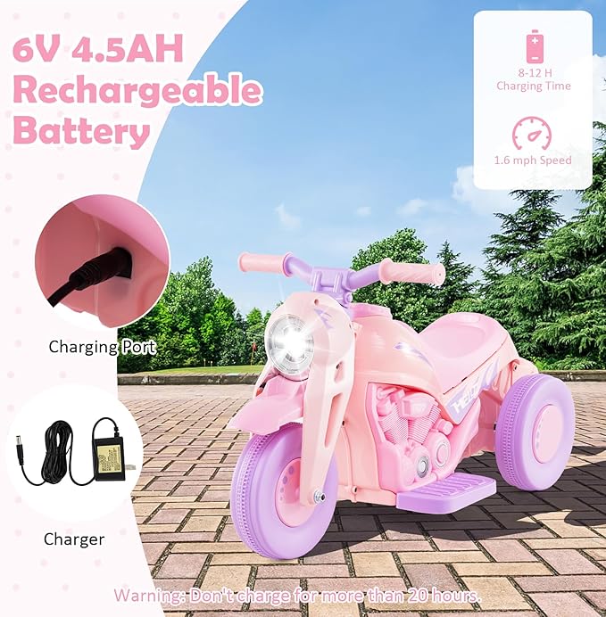 HONEY JOY Pink Ride On Motorcycle, 6V Toddler Motorcycle with Bubble Maker, LED Light, Music, Foot Pedal, Forward/Backward, 3-Wheel Battery Powered Electric Motorcycle for Kids, Gift for Boys Girls