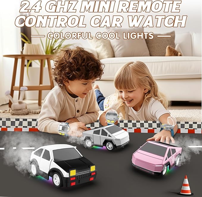 Ruxrcni Watch Remote Control Car Toy, 2.4 GHz Mini RC Cars Watch Toy with LED Lights USB Charging Wrist Controlled Small Racing Car Interactive Game Toys for Kids Boy Girl Birthday Christmas