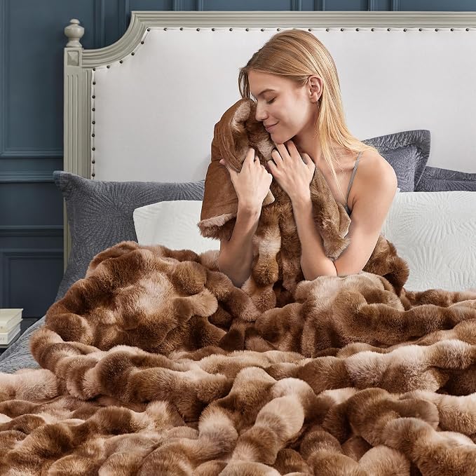 Cozy Bliss Faux Fur Throw Blanket for Couch, Fuzzy Soft Plush Thick Bubble Blanket for Sofa Bedroom Living Room, 50 * 60 Inches Tie Dye Brown