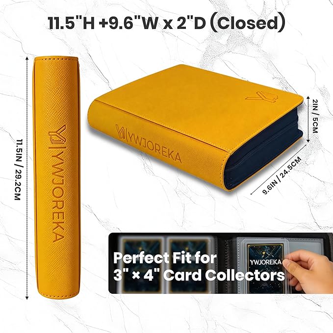 Toploader Binder 4 Pocket, Holds 128 Toploaders, Double-Sided Card Storage Binder for 3" x 4" Rigid Cards, PU Leather Album for Trading Cards & Sports Cards(yellow)