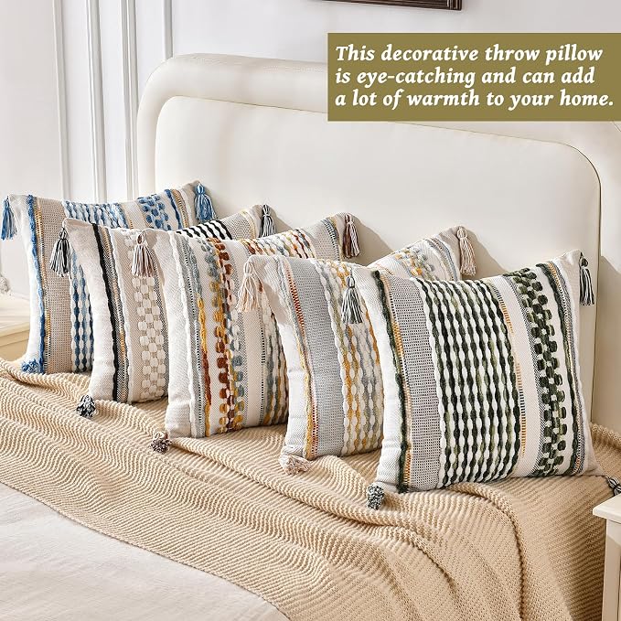 Set of 2 Chenille Striped Textured Boho Throw Pillow Covers Aesthetic with Tassels Woven Decorative Pillow Case for Couch Bed Sofa Bedroom Modern Funky 18 x 18-Inch Grey