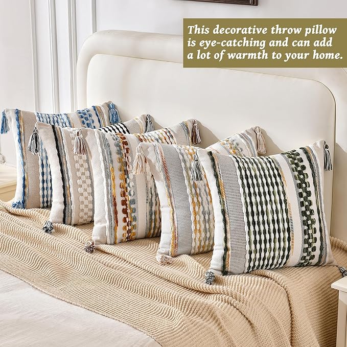 Set of 2 Chenille Striped Textured Boho Throw Pillow Covers Aesthetic with Tassels Woven Decorative Pillow Case for Couch Bed Sofa Bedroom Modern Funky 18 x 18-Inch Black