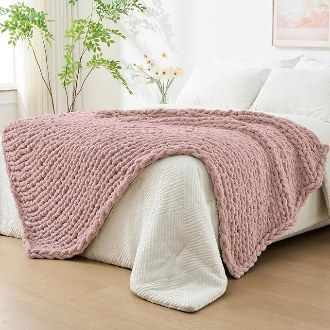 Bigacogo Chunky Knit Throw Blanket for Couch, 60x80 inches, Dusty Pink | Hand Knit with Jumbo Chenille, Soft Breathable Cable Knit for Sofa Bed Living Room, Machine Washable, Gift for Mom Friend