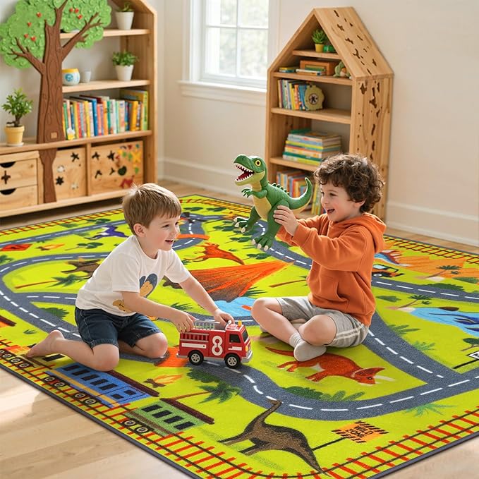 LIVEBOX 5x7 Dinosaur Adventure Rugs for Boys Bedroom,Non Slip Playroom Kids Car Track Rug Collection Safari Road Map,Educational & Game Play Carpet for Kids Room Classroom Living Room