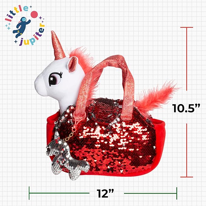 Little Jupiter Plush Pet Set w/Purse - Unicorn Stuffed Animals for Girls - Stuffed Unicorns - Gift for Age 4-7 yrs (White Red Unicorn)