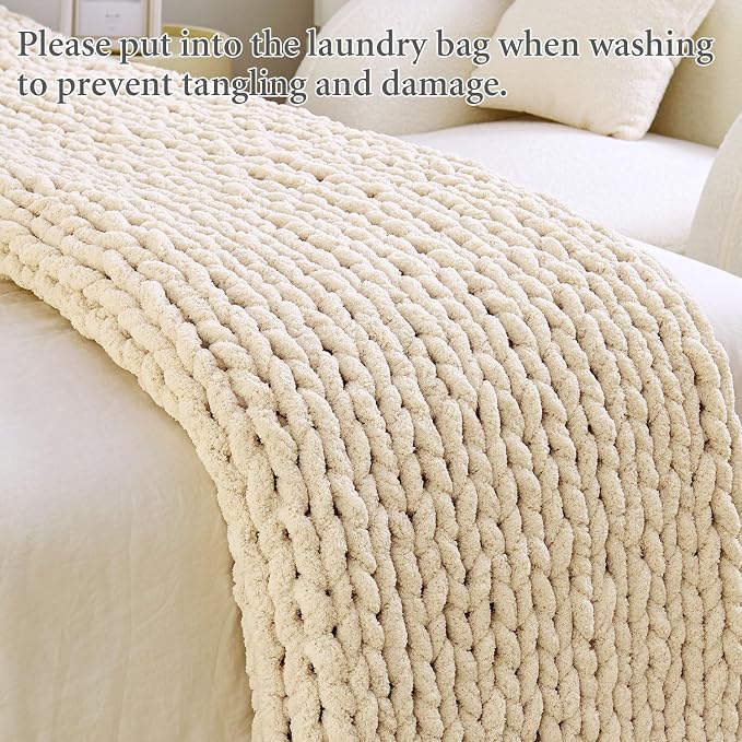 Chunky Knit Blanket Throw for Couch, 40"x50" Chunky Yarn Knitted Blankets | 100% Hand Knit Thick Chenille, Soft Breathable for Bed, Sofa, Home Decor, Cozy Gifts for Women Friends, Ivory