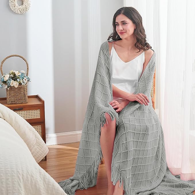 inhand Light Grey Knitted Throw Blanket for Couch and Bed, 50"x60" | Soft Cozy Knit Blanket with Tassel, Lightweight Decorative Blankets and Throws, Farmhouse Warm Woven for Men and Women