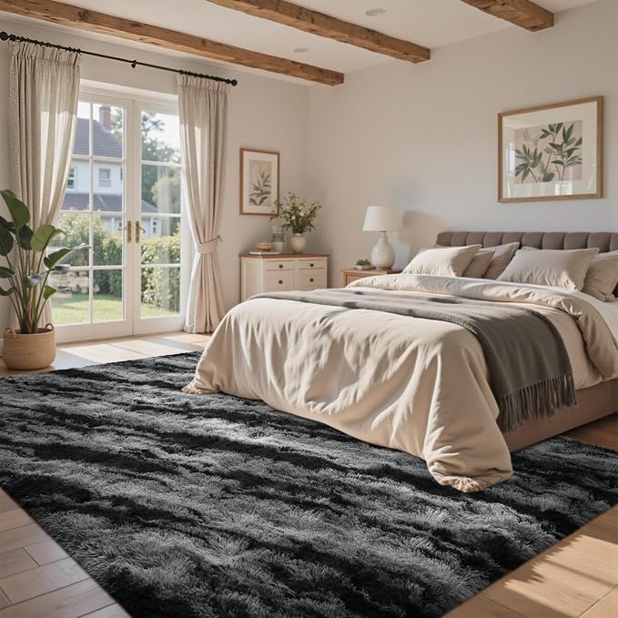 5x8 Ft Area Rugs for Living Room, Black Plush Fluffy Shaggy Bedroom Rugs Non-Slip, Ultra Soft Carpet for Nursery Kids PlayRoom Dorm Office Indoor