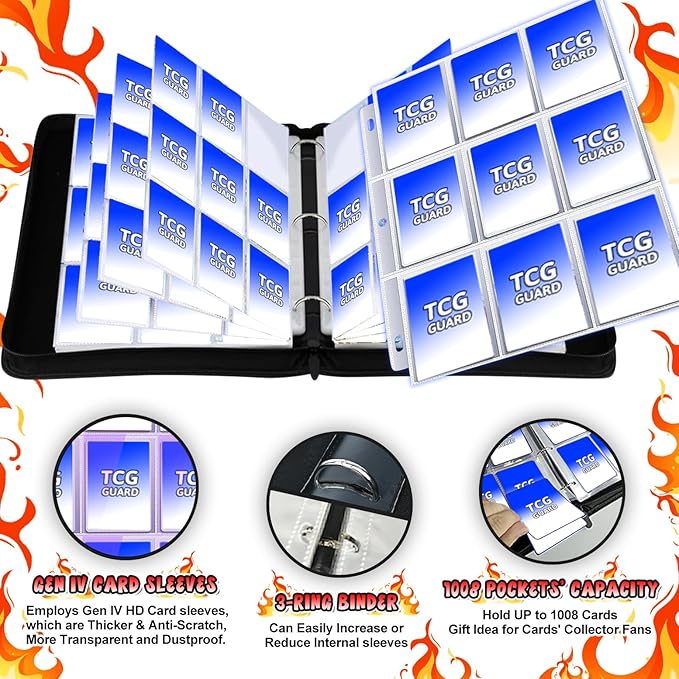 1008 Card Binder 9 Pocket Trading Card Binder with 56 Page 3-Ring Removable Sleeves, High Storage Waterproof Card Holder Collection Card Album Carrying Organizer Case for MTG TCG Cards- Dragon