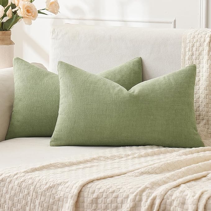 MIULEE Sage Green Chenille Couch Lumbar Throw Pillow Covers, 12x20 | Set of 2, Soft Modern Farmhouse Style, Decorative Pillowcases for Sofa Living Room Bed, Home Decor