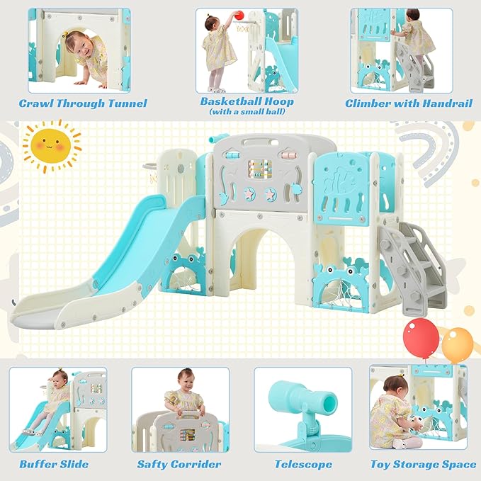 11in 1 Toddler Slide, Kid Slide for Toddlers Age 1-3 with Telescope, Basketball Hoop, and Telescope, Indoor Outdoor Playset Playground Blue Grey