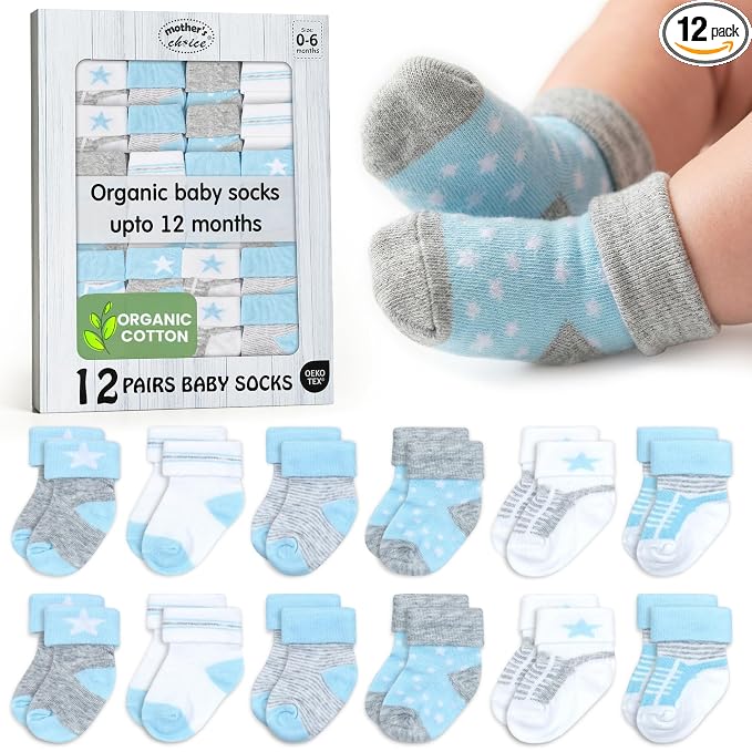 Mother's Choice Organic Cotton Baby Socks 0-6 Months - 12 pairs Unisex, Warm Infant Socks, Soft Neutral Boy & Girl Socks, Gentle Newborn Socks, Baby Gift, Ideal for Daily Comfort for Baby