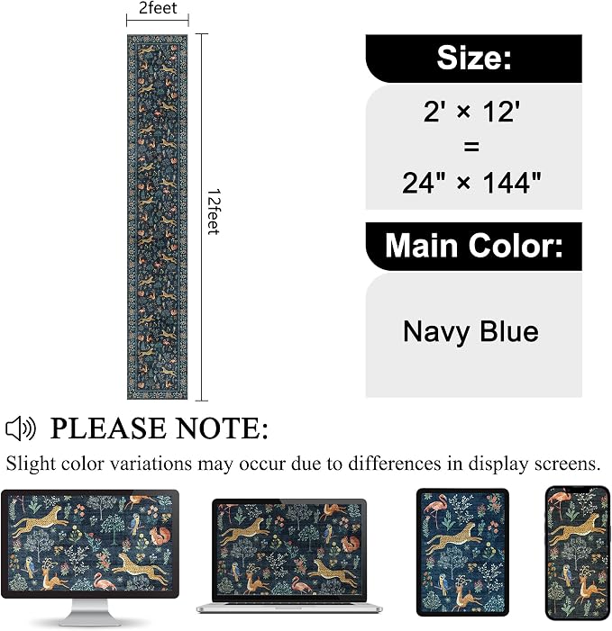 DUKINO 2x12 Washable Runner Rug, Non Slip Animal Rug for Kitchen Navy Blue | Soft, Low Pile, Non-Shedding Thin Indoor Long Runner Carpet for Hallway, Entryway, Bedroom, Bathroom, Laundry, Pet Friendly