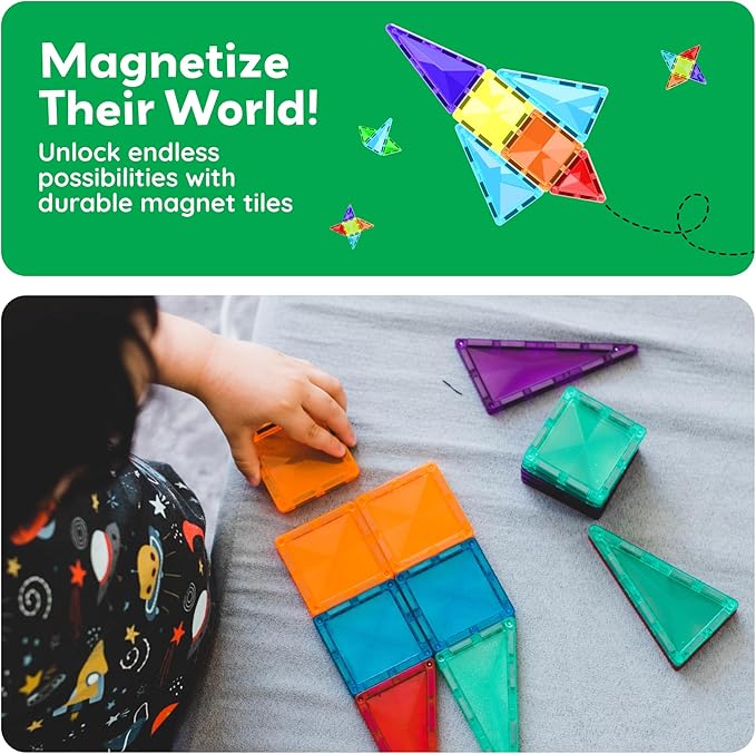 PicassoTiles 60 pcs Mini Magnetic Tiles Magnet Toys Travel-Friendly On-The-Go Building Blocks for Kids Compact Lightweight Creative playset Preschool Montessori Early Learning STEM Kids Toy Ages 3+.