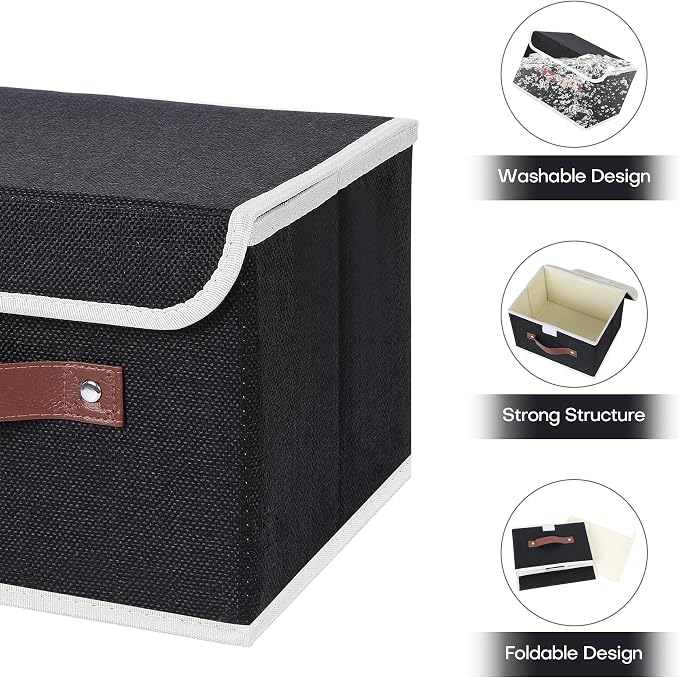 ANMINY Fabric Storage Box Bins with Lids, Black, 10"x8"x7" | Keepsake Memory Storage, Cotton Linen, PP Board Reinforced, Washable, PU Handles, Foldable & Stackable, Decorative, Small