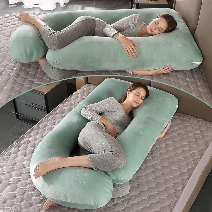 U-Shaped Full Body Pregnancy Pillow for Sleeping – 57" Maternity Pillow with Removable Cover, Support for Back, Legs, Belly & Hips (Velvet-Green)