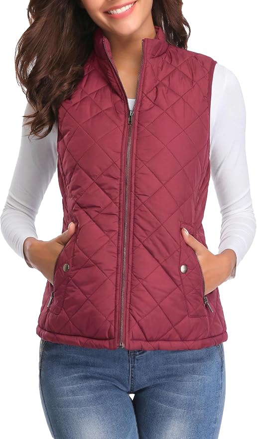 Fuinloth Women's Quilted Vest Lightweight Puffer Stand Collar Zip Gilet | 4 pockets with 2 inner storage. Quilted padded warm gilet. Fall winter outerwear layering vest for travel hiking daily wear.